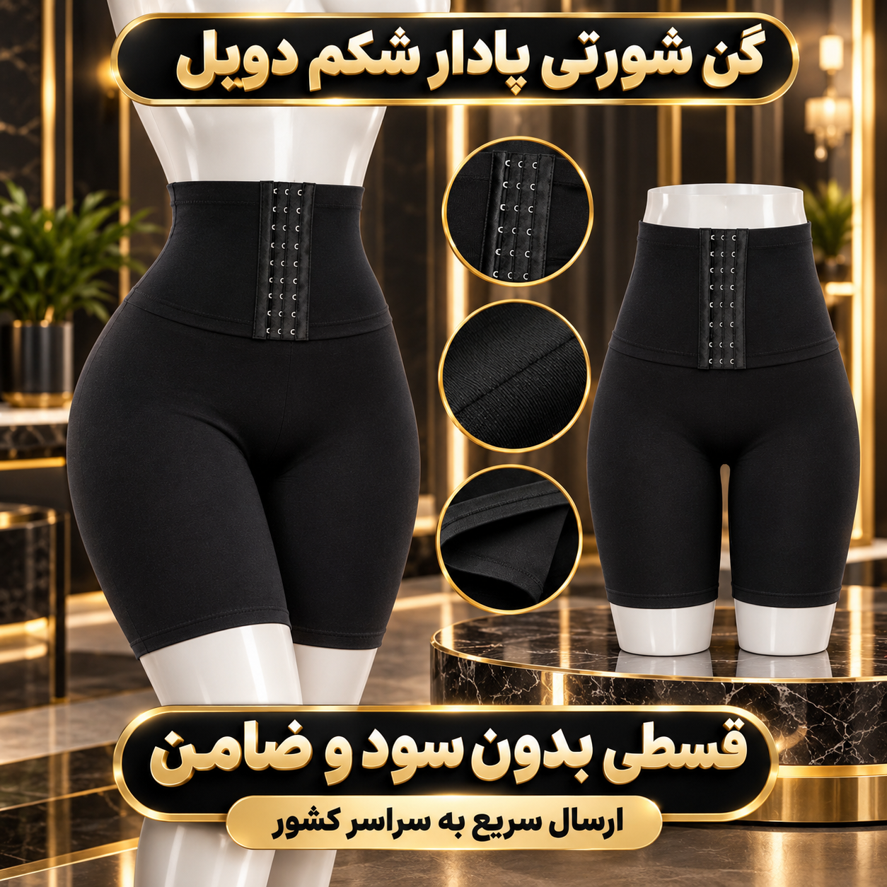 گن شورتی پادار ( 4 قسط بدون کارمزد ، ارسال این محصول رایگان ) شکم دوبل مشکی آرتان مدل 3017 سایز S تا 3XL